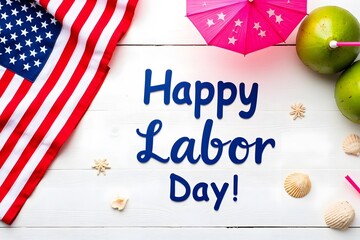 Fototapeta premium happy labor day with two coconuts and starfish on the beach