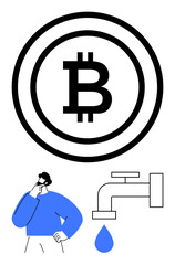 Bitcoin symbol in bold circle, a person pondering, and a dripping faucet visualizing crypto mining, resources, and value. Ideal for finance, technology, blockchain, investment decision-making