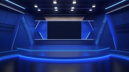 Futuristic blue stage with neon lighting for virtual set or event background