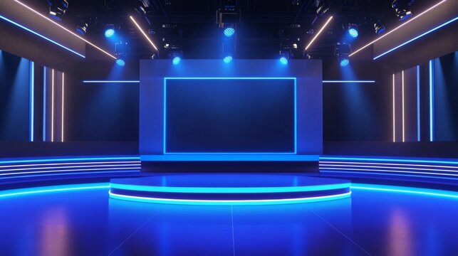 Futuristic stage set with neon lighting for modern media events and performances