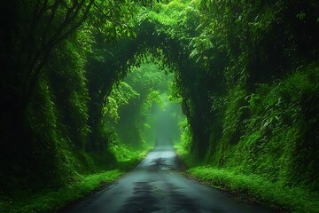 A road through a vibrant, green rainforest with hanging vines and thick foliage creating a lush, mysterious atmosphere