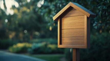 Naklejka premium Neighborly Sustainability, Charming Wooden Mailbox Against Lush Greenery in a Peaceful Neighborhood Setting