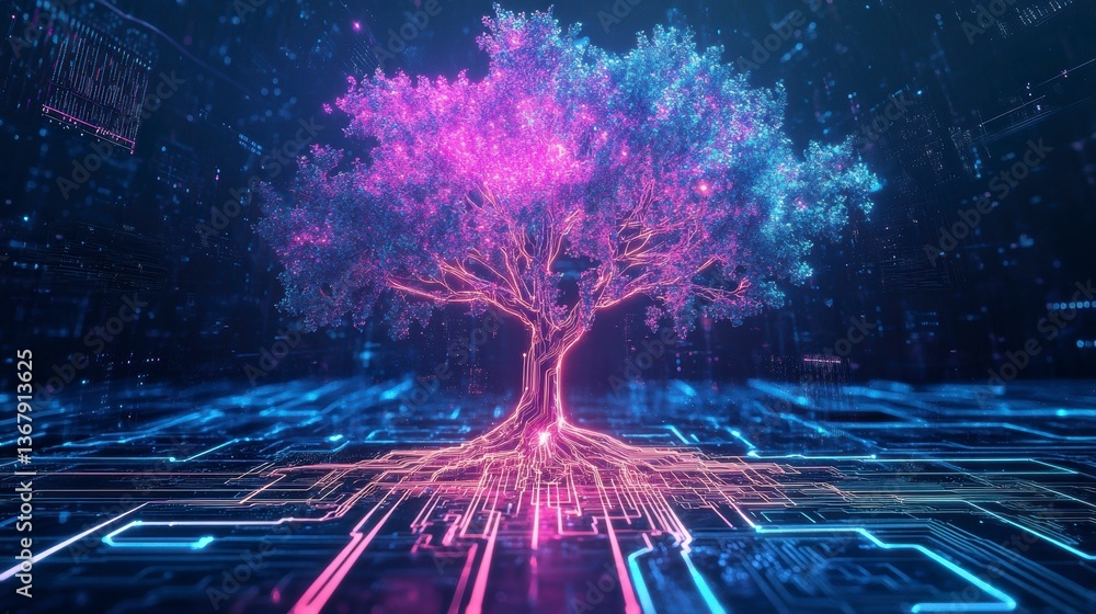 Fototapete Glowing digital tree with roots embedded in a circuit board, symbolizing technology and nature's connection.