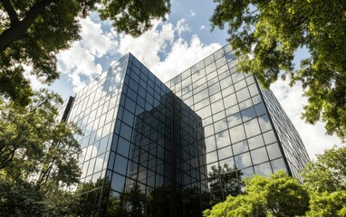 Modern glass building reflected in the sky and trees. Low angle view. Bright sunlight