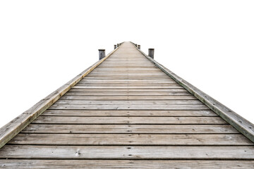 Fototapeta premium A symmetrical wooden boardwalk stretches forward, flanked by evenly spaced wooden posts. The texture of the planks is visible, leading towards an unseen destination, isolated on transparent background