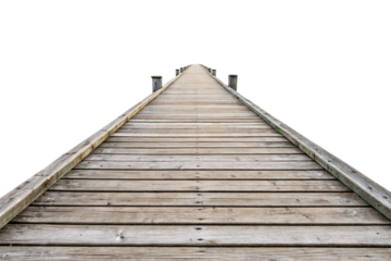 A symmetrical wooden boardwalk stretches forward, flanked by evenly spaced wooden posts. The texture of the planks is visible, leading towards an unseen destination, isolated on transparent background