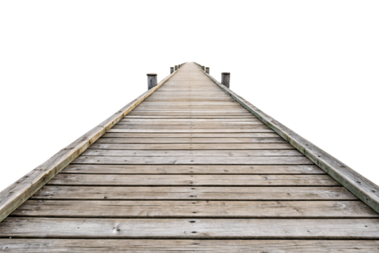 A symmetrical wooden boardwalk stretches forward, flanked by evenly spaced wooden posts. The texture of the planks is visible, leading towards an unseen destination, isolated on transparent background