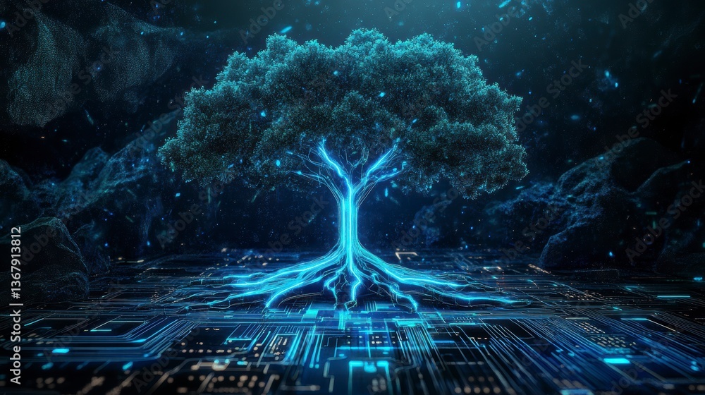 Poster Glowing digital tree with roots embedded in a circuit board.