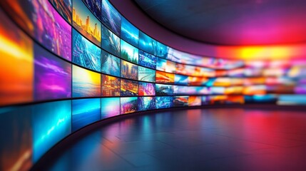 Vibrant digital display wall with multicolored screens in modern interior for technology and media themes