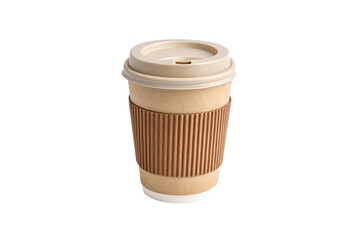 A warm-toned kraft paper coffee cup with beige lid and ribbed sleeve. Earthy, cozy design evokes morning rituals and the comforting aroma of fresh coffee, isolated on a transparent background