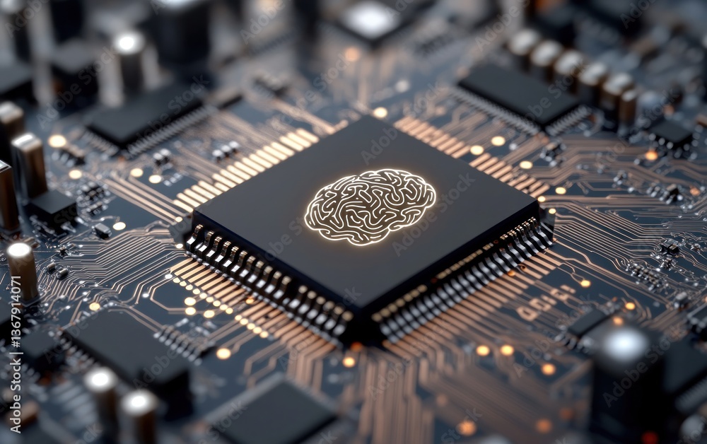 Poster close-up of a circuit board with a central processor featuring a glowing brain emblem. the image sho