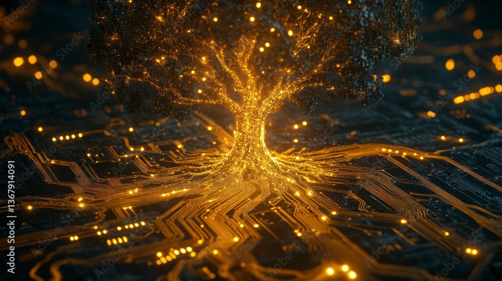 Aufkleber Glowing tree rooted in circuit board, symbolizing technology and nature connection.