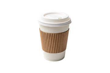 A white disposable coffee cup with a textured brown sleeve and crisp white lid. Clean and classic design, commonly seen in cafés and office environments, isolated on a transparent background