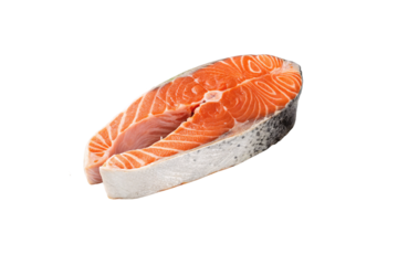 A fresh raw salmon steak with vibrant orange flesh and marbled white fat. The smooth, silvery skin contrasts with the intricate muscle striations, isolated on a transparent background