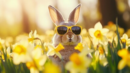 Fototapeta premium Bunny with sunglasses in daffodil field on sunny spring day