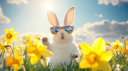 Fototapeta premium Cute rabbit with sunglasses in spring meadow with daffodils under sunny blue sky