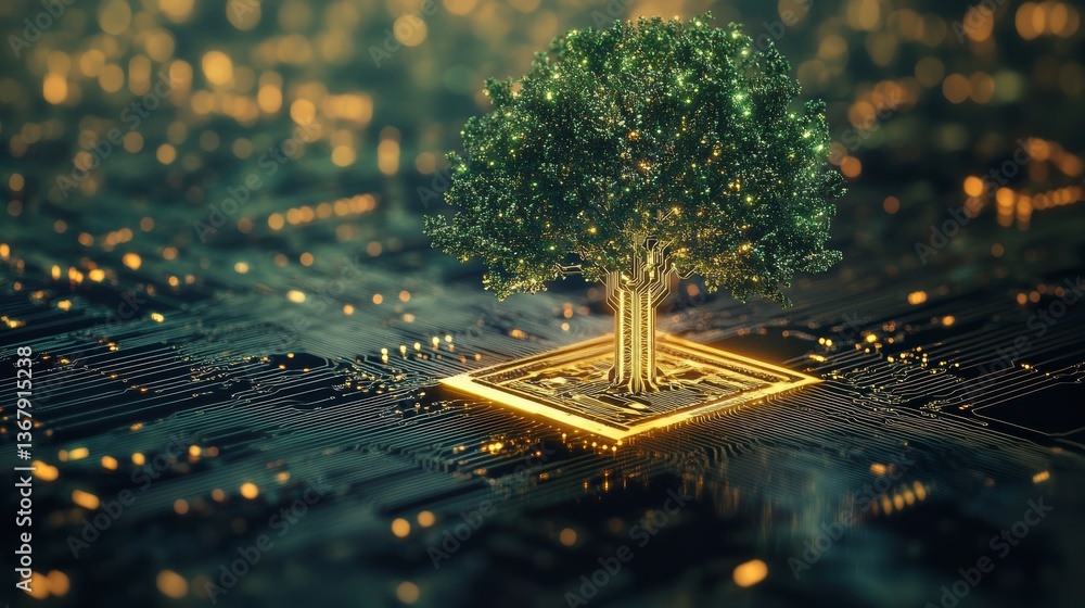 Poster a vibrant green tree grows from a glowing golden circuit board, symbolizing technological growth and
