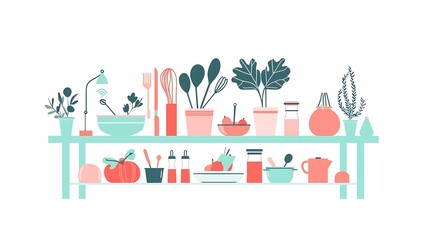 Fototapeta premium Kitchen shelf with various utensils and plants