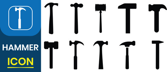 Hammer icon vector set. Silhouette of hammer, construction icon vector. Symbol for house repair, carpenter, carpentry, and builder. Vector illustration.