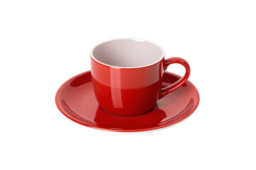 Obraz premium Glossy red ceramic cup with white interior and matching saucer. Sleek, vibrant design ideal for serving coffee or tea with a bold, modern flair, isolated on a transparent background