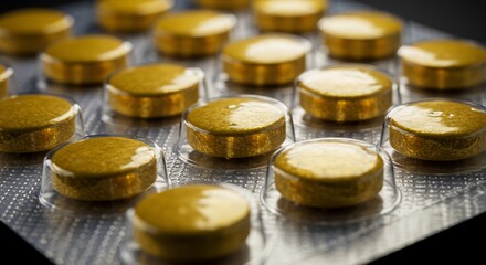 輝く黄金色 整然と並ぶ錠剤 精密な配置