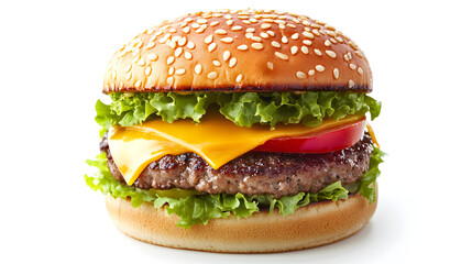Tasty Beef Burger with Cheddar and Vegetables on White Background
