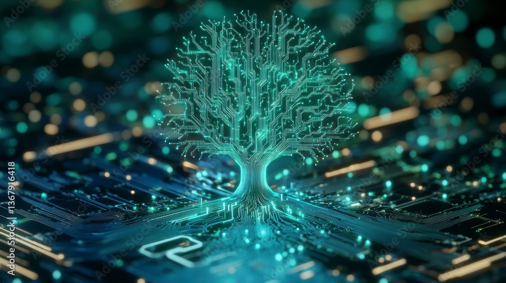 Poster glowing tree-shaped circuit board.