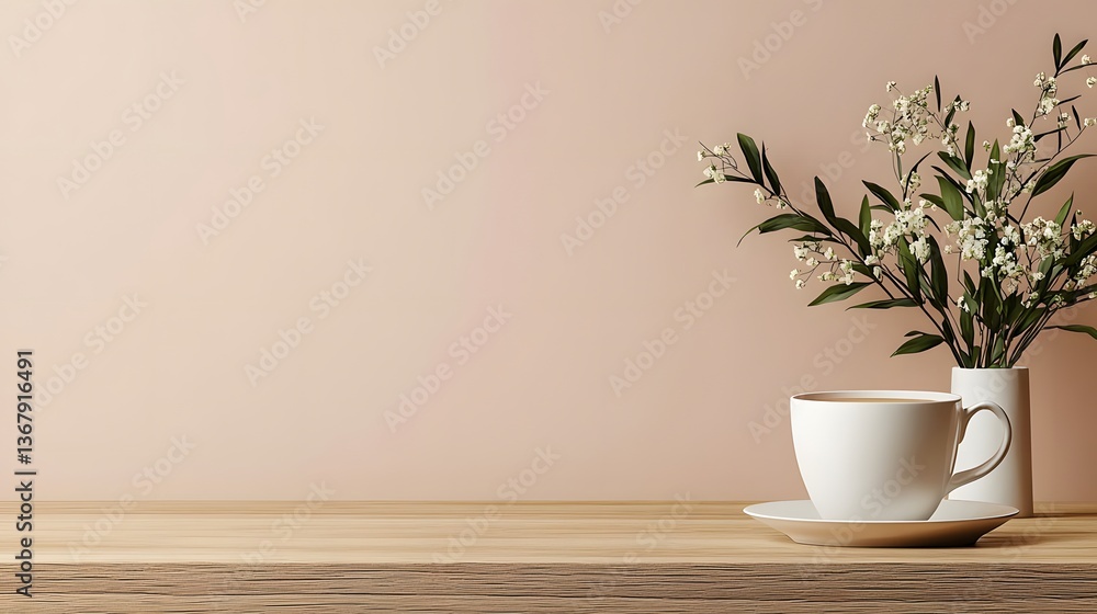 Poster elegant flower arrangement in a simple vase set against a muted color palette in a serene workspace 