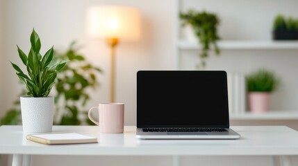 Self care moment modern home, Modern Minimalist Workspace for Self-Care Moments at Home with Laptop, Plant, and Mug