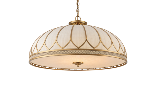 Round dome pendant light with ivory fabric and golden lattice pattern. Balanced elegance with modern refinement. Illuminates spaces with soft, isolated on a transparent background