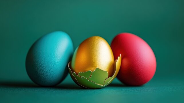 A cracked golden egg among matte blue and red eggs on a rich emerald green background - Powered by Adobe