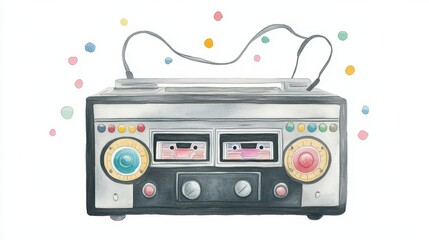 Nostalgic watercolor illustration of a classic 1970s boombox radio with a bright colorful design and retro appeal