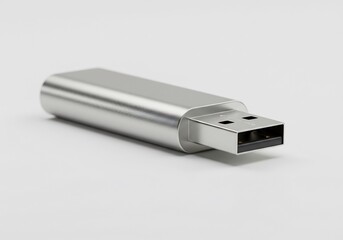 シンプルで洗練された金属製USBメモリ、白い背景で輝く