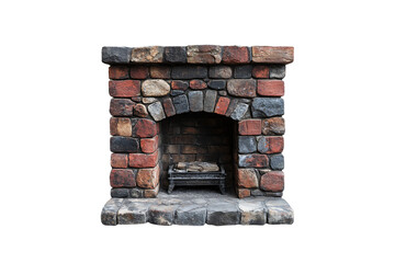 Traditional fireplace with a mix of reddish bricks and natural stones. Unlit but inviting, suitable for vintage-style homes or garden nooks, isolated on a transparent background