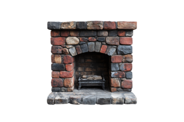 Traditional fireplace with a mix of reddish bricks and natural stones. Unlit but inviting, suitable for vintage-style homes or garden nooks, isolated on a transparent background