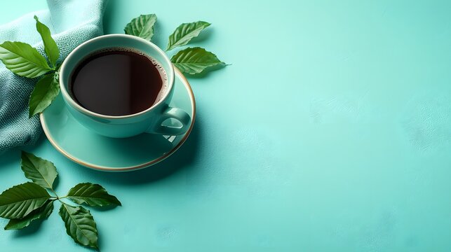 A cozy workspace featuring a cup of coffee and a fresh tea leaf in a high-quality photo realistic setting