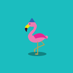 A minimalist and modern flat design illustration of a pink flamingo standing on one leg, wearing a blue hat. perfect for children's designs, posters, stickers, and digital assets