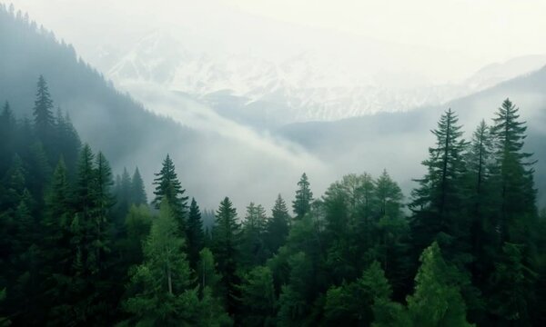 Majestic green mountain forest on fog background