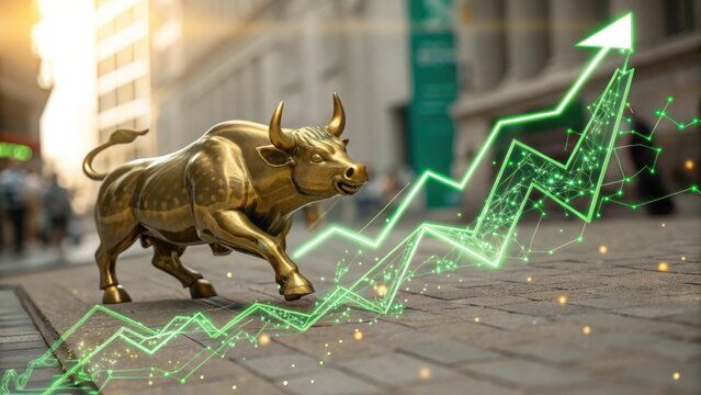 golden bull statue standing in front of a green upward arrow with blurry background of a city street 