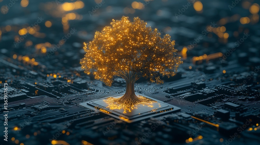 Poster Glowing tree on a computer chip; technology and nature concept.