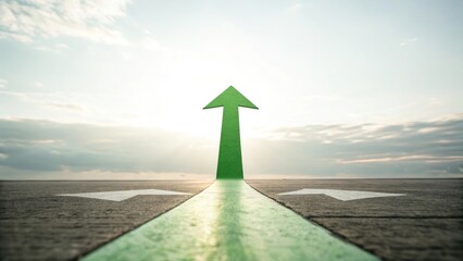 An upward green arrow symbol over road against a background of cloudy sky, depicting growth and development