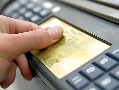 A hand uses a card reader at a payment processing terminal