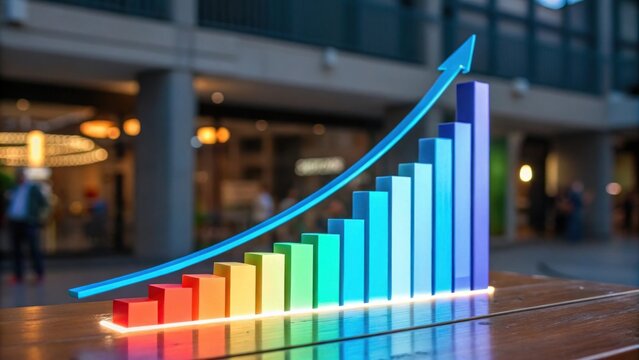 An upward trend represented by a colorful bar graph with an upward arrow, symbolizing growth and progress in a modern environment.