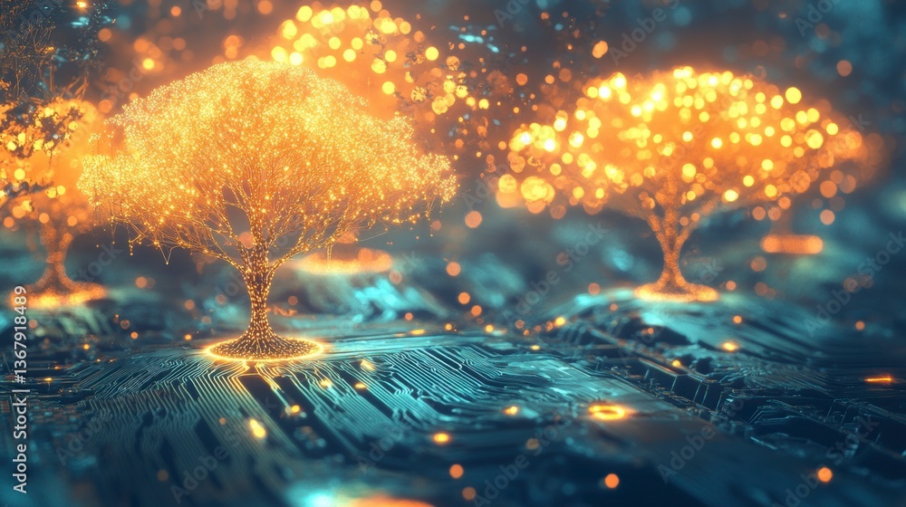 Poster Glowing digital trees on a circuit board, representing technology and nature merging.