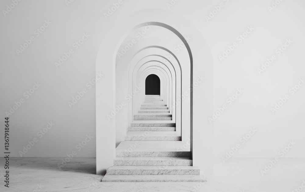 Poster abstract image of a receding hallway with white arches and stone steps, creating a sense of depth an