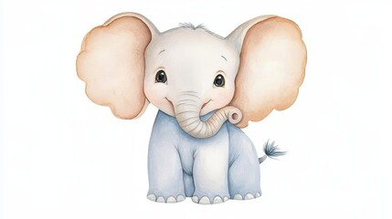 Fototapeta premium Watercolor illustration of a playful baby elephant wearing a blue shirt in a whimsical and joyful setting