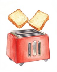 Watercolor illustration of a retro-style red toaster with two slices of bread preparing for a delicious breakfast
