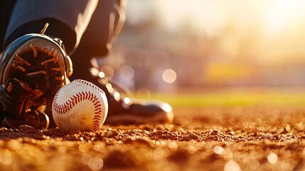 baseball team and baseball rests concept. Close-Up of Baseball on Dirt Field with Player Foot