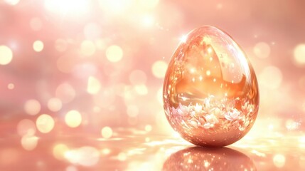 A glossy golden egg reflecting light on a soft gradient peach-pink background