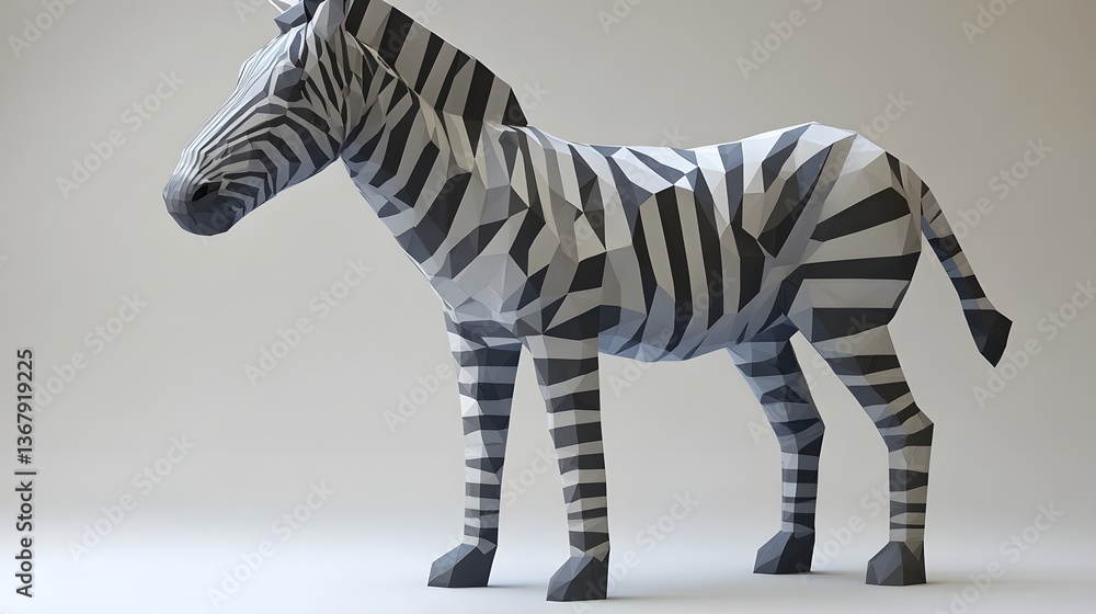 Poster a unique zebra figure crafted from paper in a minimalist polygonal style with a realistic appearance